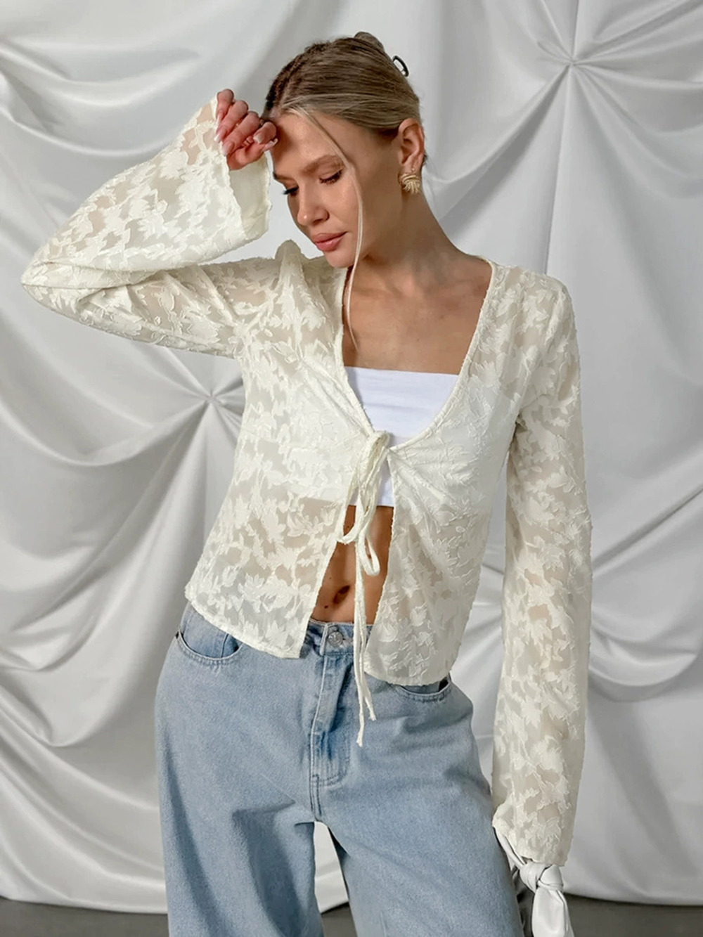 Forever 21 Summer Bohemian Apricot Lace Cardigan Casual Flare Sleeve Blouse